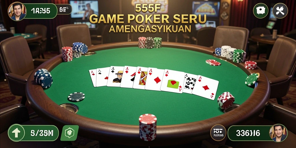 Screenshot utama 555F menampilkan gameplay Poker yang intens dan seru.