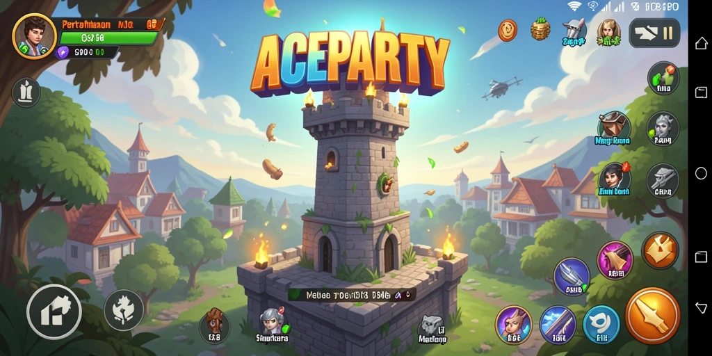 Tangkapan layar gameplay ACEPARTY menampilkan aksi menara pertahanan yang seru.