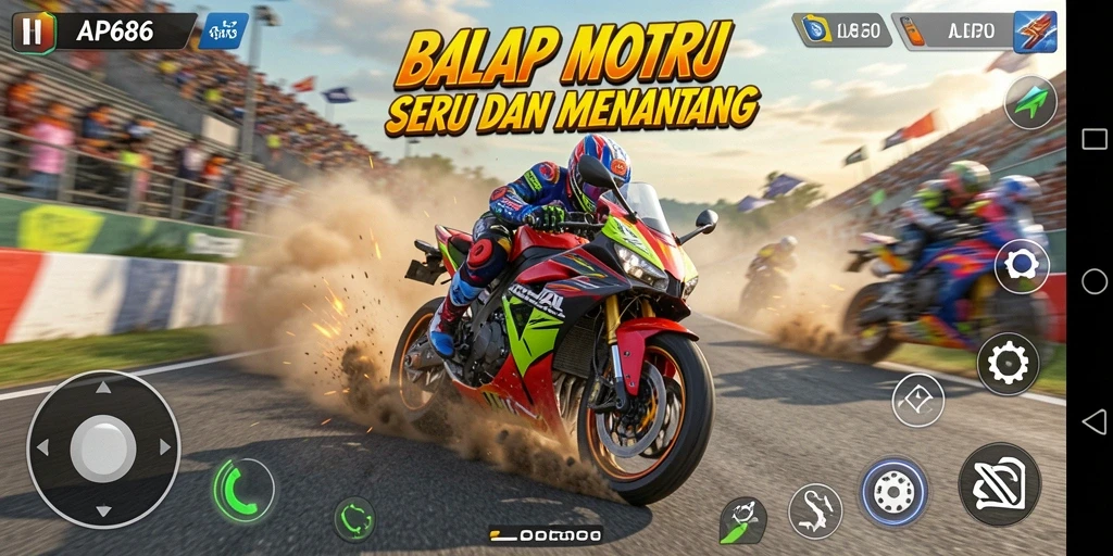 Screenshot gameplay AP686 menampilkan aksi balap motor yang seru.