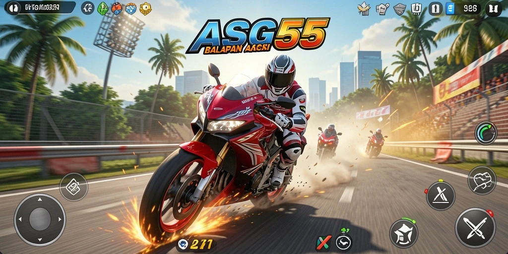 Tangkapan layar gameplay ASG55 menunjukkan balapan motor yang mendebarkan.