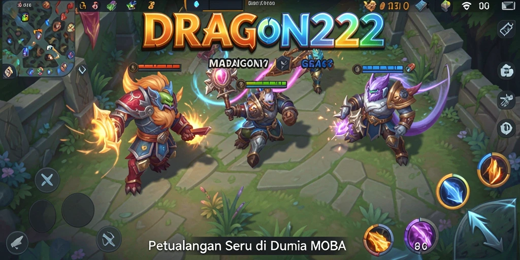 Tampilan gameplay DRAGON222 dengan aksi seru di arena MOBA.