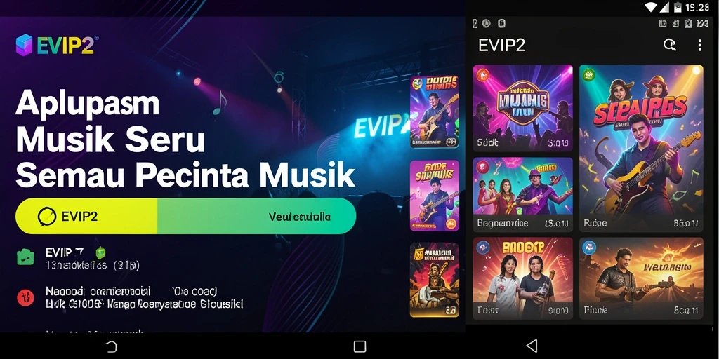 Screenshot utama EVIP2 menampilkan antarmuka pengguna yang menarik dan beragam lagu.