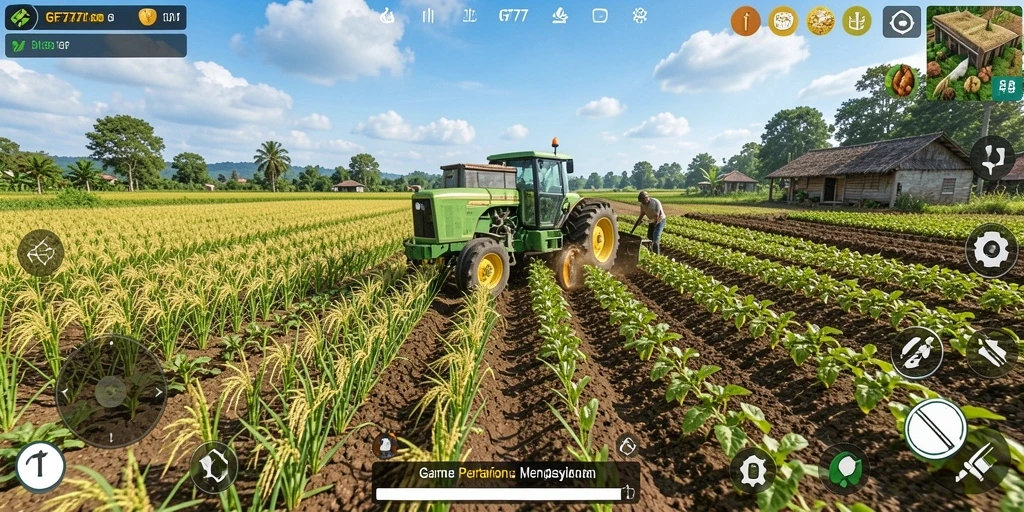 Tampilan gameplay GF777 dengan ladang subur dan hewan ternak.