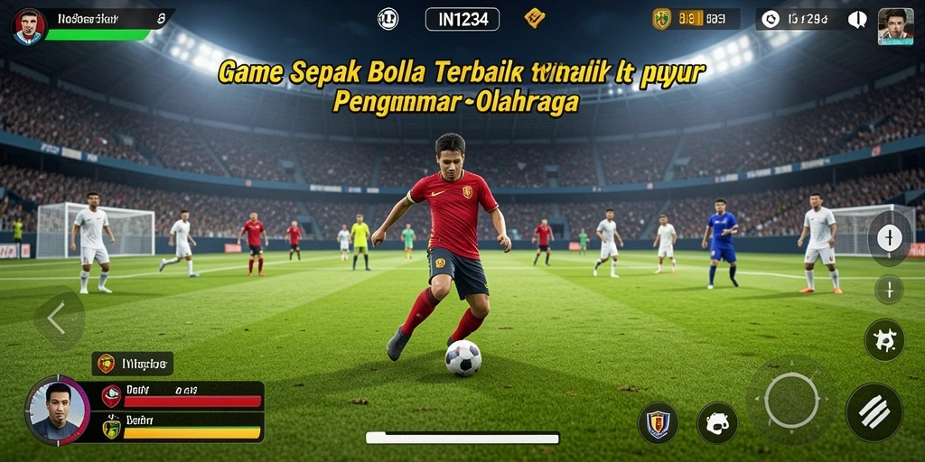 Screenshot gameplay IN1234 menampilkan aksi seru di lapangan sepak bola.