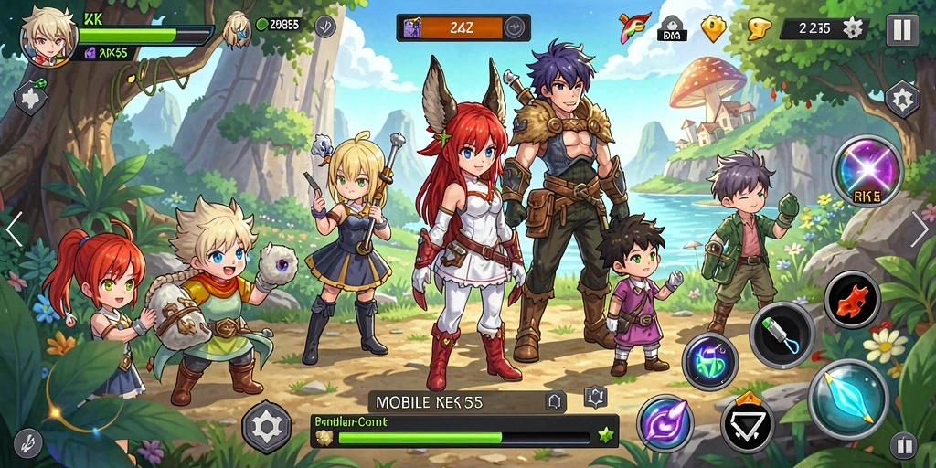Tampilan gameplay dari RK55 dengan karakter Anime yang hidup.
