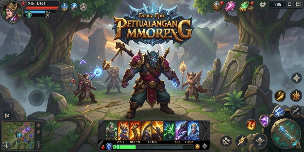 Tampilan gameplay V98 yang mendebarkan dengan action seru dalam pertempuran MMORPG.
